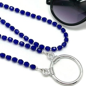 Cobalt Blue Glasses Loop Necklace, Glasses Ring Chain, Reading Glasses Holder Chain, Sunglasses Lanyard, Beaded Eyeglass Chain with Loop