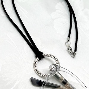 Silver Flower Eyeglass Holder Necklace: Black Vegan Suede Glasses Chain
