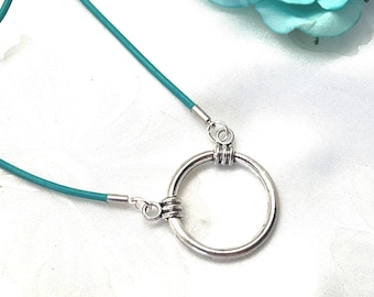 Turquoise Leather Eyeglass Holder Necklace: Silver Ring Lanyard