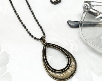Brass Plated Steel Eyeglass Holder Necklace:  Teardrop Charm Reading Glasses Chain