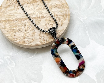Acetate Eyeglass Holder Necklace: Multicolor Ring, Gunmetal Plated Steel Ball Chain