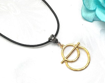 Leather Gunmetal Gray Eyeglass Holder Necklace:  Gold Pendant Glasses Lanyard