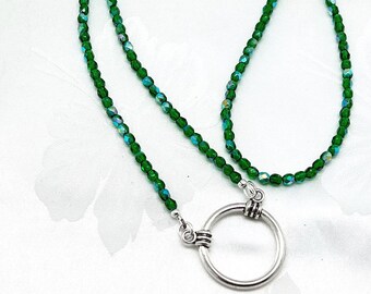 Emerald Green Beaded Eyeglass Holder Necklace:  Czech Glass and Silver Glasses Lanyard