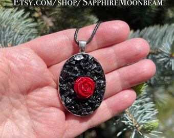 Black Tourmaline stone red rose romance love flower metaphysical talisman spiritual new age amulet jewelry by Sapphire Moonbeam