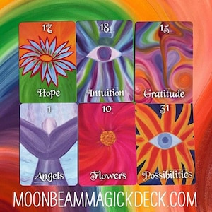 May include: Six colorful tarot cards with illustrations of flowers, eyes, and abstract designs. The cards feature words like "Hope," "Intuition," and "Gratitude." The website "MOONBEAMMAGICKDECK.COM" is at the bottom.