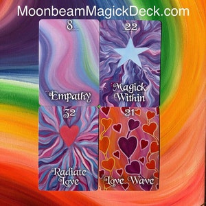May include: Four colorful oracle cards with the words "Empathy", "Magick Within", "Radiate Love", and "Love Wave". Each card features a unique design with hearts, stars, and abstract patterns in shades of pink, purple, and orange. The website MoonbeamMagickDeck.com is at the top.