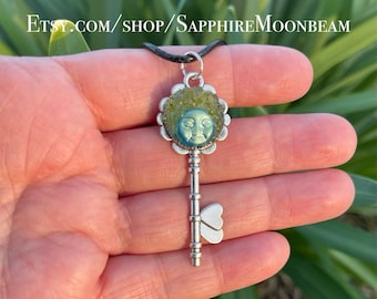 Small Blue Moon Face Peridot gemstone Key pendant metaphysical magick crystal jewelry by Sapphire Moonbeam