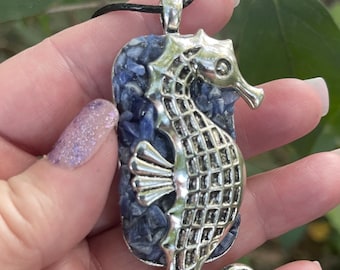 Seahorse ocean blue Sodalite stone statement pendant metaphysical magick sea jewelry pendant by Sapphire Moonbeam