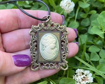 Vintage inspired green Cameo necklace elegant antique Bridgerton jewelry by Sapphire Moonbeam