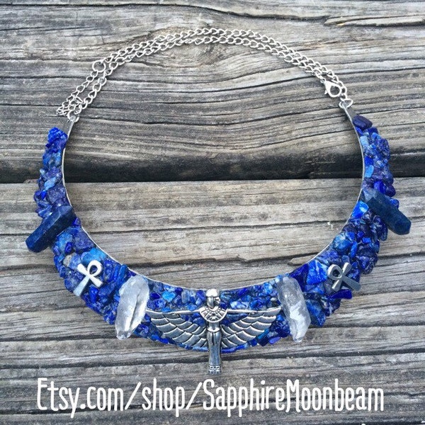 Egyptian Goddess Isis blue Lapis Lazuli stone & Ankh handmade collar necklace metaphysical magick Egypt gypsy hippie pagan bohemian jewelry