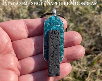 Teal Apatite gemstone and black Lava Rock metaphysical magick pendant spiritual hippie bohemian unique crystal jewelry by Sapphire Moonbeam