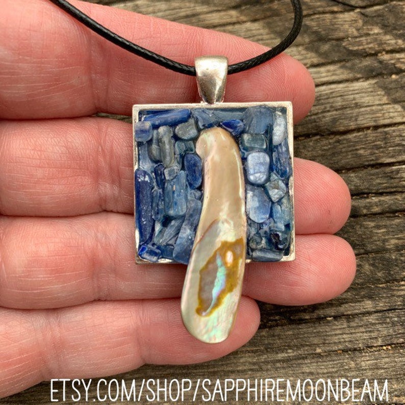 Mother of Pearl shell /& blue Kyanite stone pendant handmade metaphysical magick spiritual new age jewelry by Sapphire Moonbeam