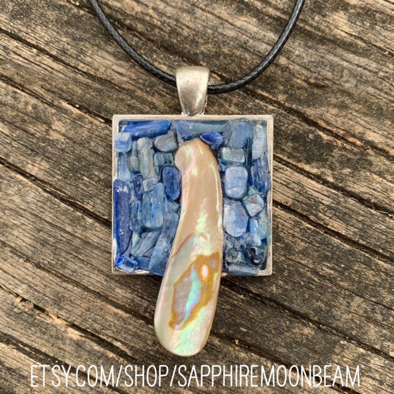 Mother of Pearl shell /& blue Kyanite stone pendant handmade metaphysical magick spiritual new age jewelry by Sapphire Moonbeam