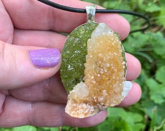 Citrine Spirit Quartz Fairy Crystal & Peridot gemstone handmade metaphysical magick pendant by Sapphire Moonbeam