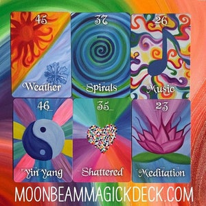 May include: A collection of six colorful tarot cards. Each card features a unique design, including a sun, spirals, a musical note, a yin yang symbol, a heart, and a lotus flower. The cards have titles like "Weather," "Spirals," and "Music."