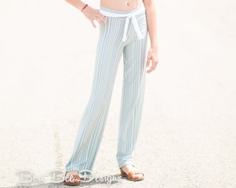 Abby’s Marigold Pants - Wide leg fit with optional tie belt, optional ruffle, optional diaper cut line in 3 lengths - PDF sewing pattern