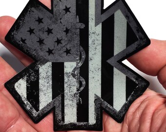 Thin Subdued EMS EMT Paramedic American flag star of life Reflective 3.5 X 3.5 Decal Sticker