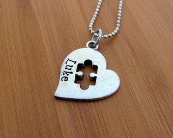 Personalized Autism Necklace with Name, Heart with Puzzle Piece Cut Out