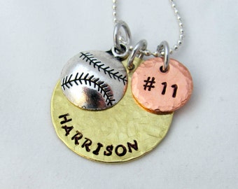 Personalized Baseball Necklace, Name, Number, Baseball Charm, Gold, Copper, Silver