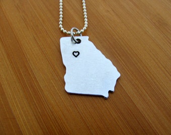 Personalized Georgia State Necklace With Heart Over Any City, Personalized, Custom