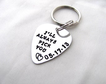 Personalized I'll Always Pick You Key Chain with Date and Double Hearts, Guitar Pick