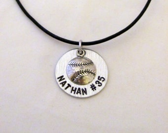 Personalized Baseball Necklace with Baseball Charm, Name and Number on a Leather Cord.