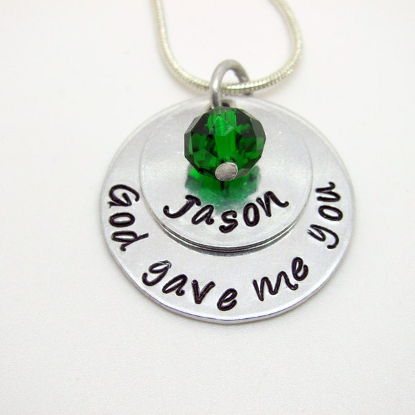 Handwritten Stamped Personalized Necklace God Gave Me You with Name and Birthstone Charm