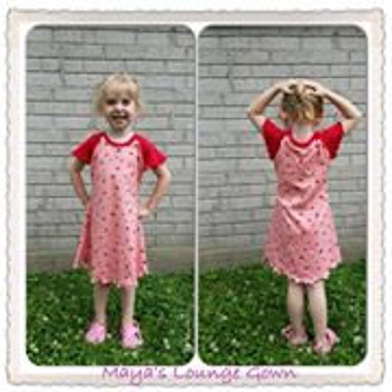 May include: A pink and red dress with a white polka dot pattern. The dress has a red short-sleeved shirt top and a pink skirt with a scalloped hem. The dress is worn by a young girl standing on a grassy lawn.