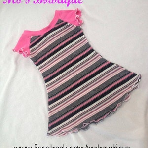 May include: A pink and gray striped dress with pink short sleeves and a ruffled hem. The dress has a scoop neck and is made of a soft, comfortable fabric.