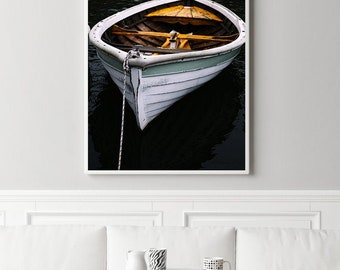 Rowboat photography, nautical wall decor, white rowboat, maine photography, large wall art, white boat photography, coastal new england art