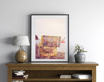 maine Lobster Pot Print, nautical wall art, maine photography, large wall art, new england decor, Belfast Maine Harbor Print, coastal art