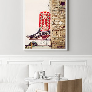 austin texas photography, vintage neon sign photo, south congress street, cowboy boots, rustic decor, large wall art, man cave art,