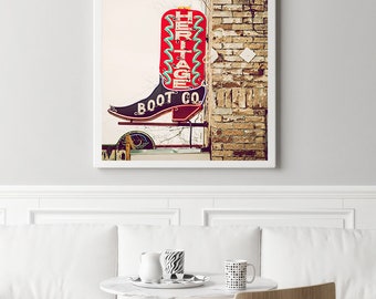 austin texas photography, vintage neon sign photo, south congress street, cowboy boots, rustic decor, large wall art, man cave art,
