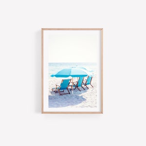 Beach Chairs Print, Florida Beach Photography, blue coastal wall art, 30A wall Art, Beach House Decor Florida Beach Art Beach Umbrella Print