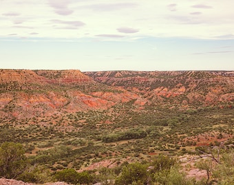 May include: A panoramic view of a canyon with red rock formations and green vegetation. The sky is a light blue with some clouds.