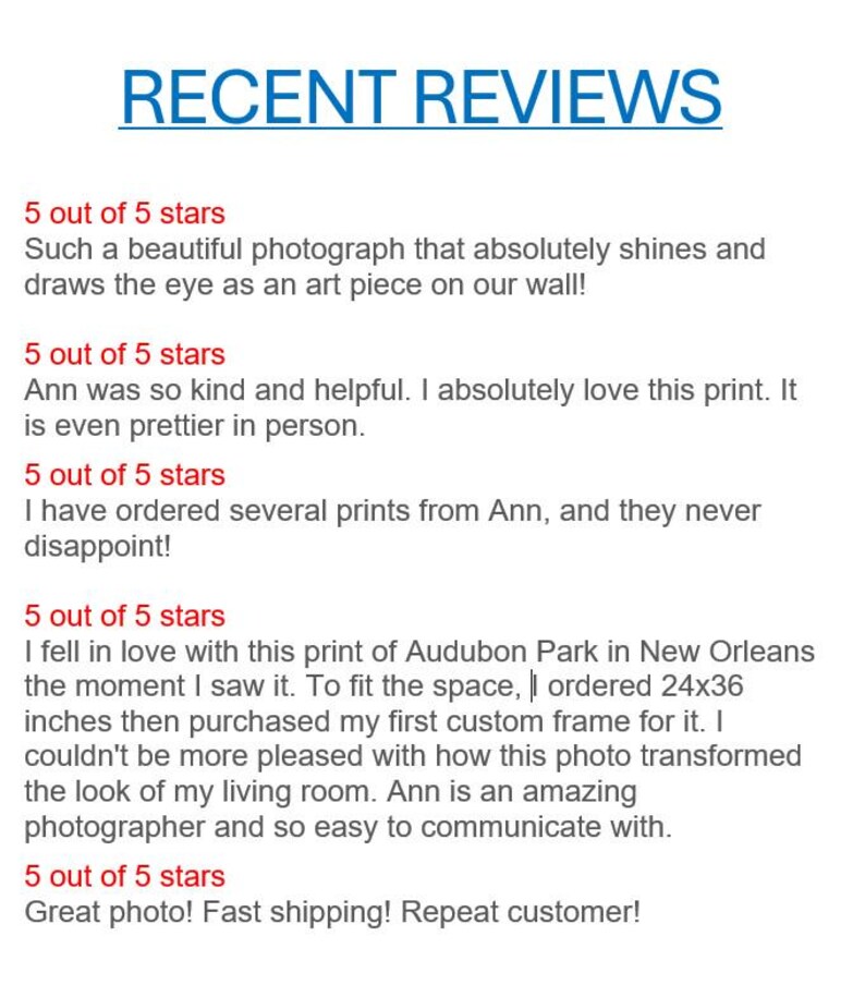 May include: Five customer reviews for a photography service. Each review is 5 out of 5 stars and includes a positive comment about the photographer's work and customer service.