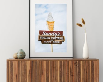 Austin Texas Print, Sandy's Frozen Custard Print, Ice Cream Wall Art, Fun Retro Kitchen Art, Vintage Austin Wall Art, VERTICAL UNFRAMED