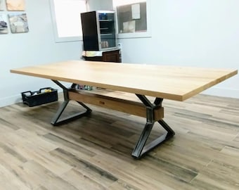 Table Legs - X-Style Steel  Adjustable Feet | Custom Sizes | Square Opening for Wood Beam