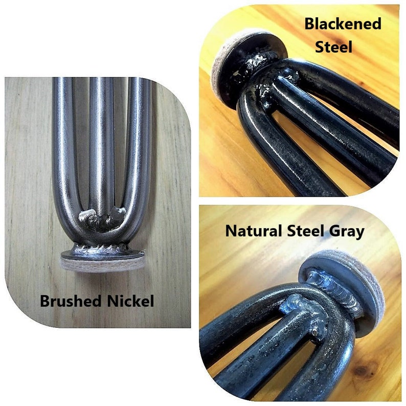 May include: Close-up of three metal table legs in three different finishes: brushed nickel, black, and natural steel grey. Each leg has a felt pad on the bottom.