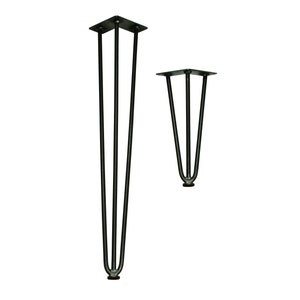 May include: Two black metal hairpin legs for furniture. The taller leg is 45.7 cm tall and the shorter leg is 30.5 cm tall.