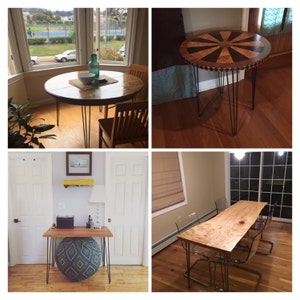 May include: Four different images of tables with hairpin legs. The first table is round and made of wood with a natural finish. The second table is round and has a wood top with a geometric pattern. The third table is rectangular and made of wood with a natural finish. The fourth table is rectangular and made of wood with a natural finish. All tables have hairpin legs.