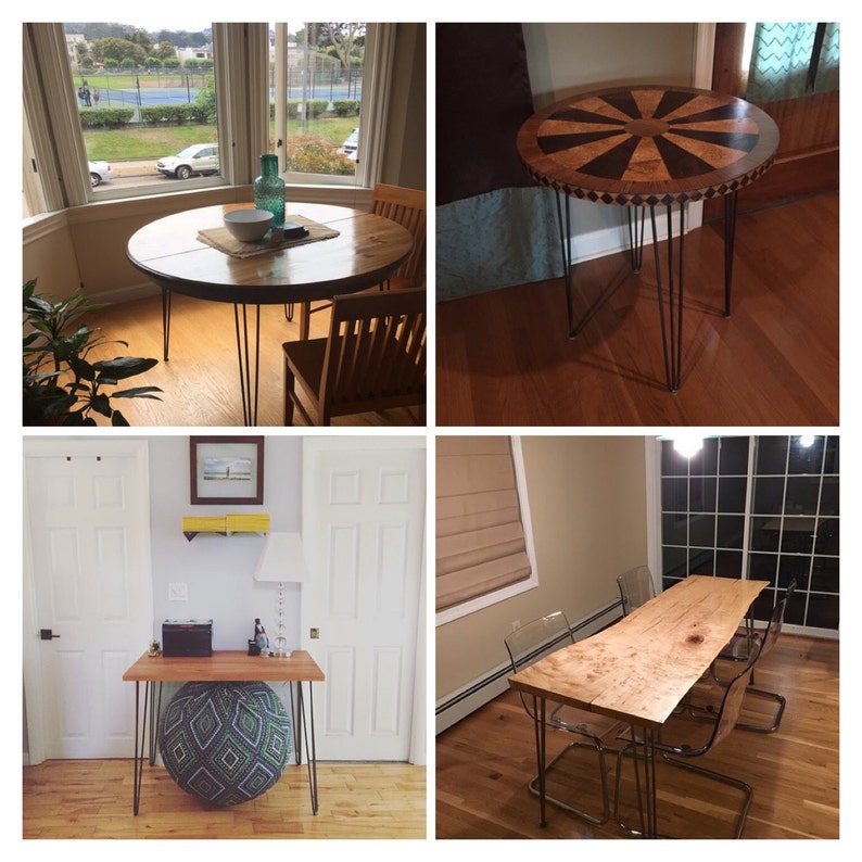 May include: Four different images of tables with hairpin legs. The first table is round and made of wood with a natural finish. The second table is round and has a wood top with a geometric pattern. The third table is rectangular and made of wood with a natural finish. The fourth table is rectangular and made of wood with a natural finish. All tables have hairpin legs.