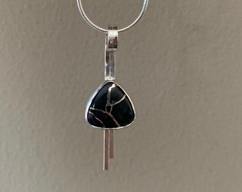 Silver in Black Quartz Modern Pendant  #676