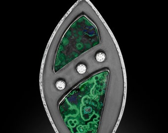 Malachite/Azurite Sterling Silver Pendant with CZ Accent Stones #R577