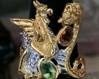 Aunt Nadiene&#39;s Thai White and Yellow Gold Vermeil, Imperial and Pale Green Topaz Naga Dragon Ring - Séance Reading Room Find - Voodoo Estate