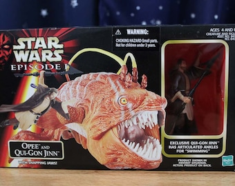 1998 Hasbro STAR WARS Episode I Snapping Jaw Opee und Qui Gon Jinn Mint in Box