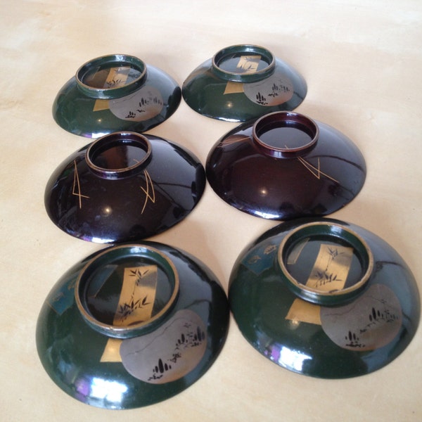 Genuinos mayores japon&eacute;s laca ware conjunto de 6 peque&ntilde;as placas de madera / platos / tapas tal como est&aacute;