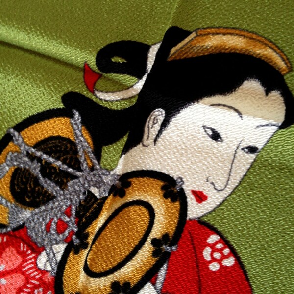 Japanese Ukiyoe geisha maiko divine kimono playing tsuzumi hand drum genuine chirimen  furoshiki cloth scarf