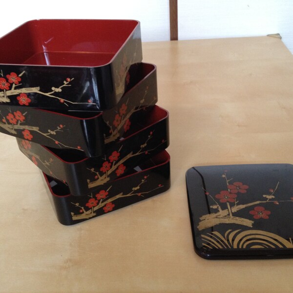 Japanese ume plum blossom design layered stacking jubako box/ bento box