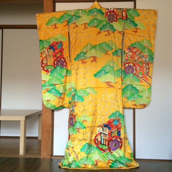 Vintage genuine silk- golden yellow, green matsu pines, dowry wagon- gold detail & embroidered accent furisode formal bridal kimono WOW!!